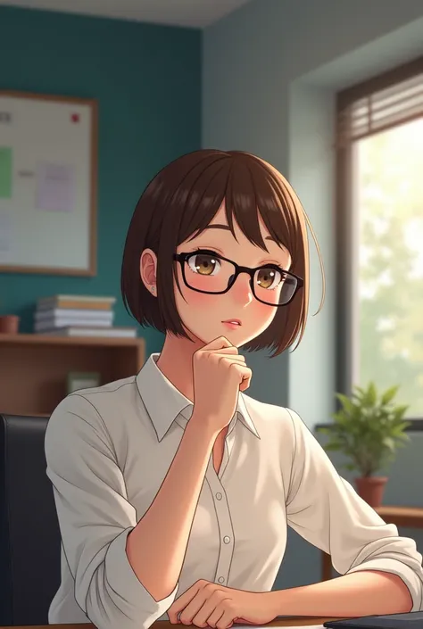 Generates a girl of around  with short brown hair and glasses with a white skin tone in a work position 