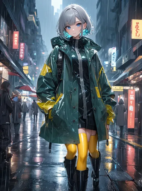 Ultra high resolution, rich colors, perfect image, top quality, detailed image, beautiful woman, glowing skin, skin and clothing texture, delicate eyes, rainy city, raincoat, rain boots, casual suit, silver bob hair, blue eyes