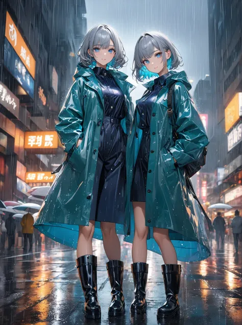 Ultra high resolution, rich colors, perfect image, top quality, detailed image, beautiful woman, glowing skin, skin and clothing texture, delicate eyes, rainy city, raincoat, rain boots, casual suit, silver bob hair, blue eyes