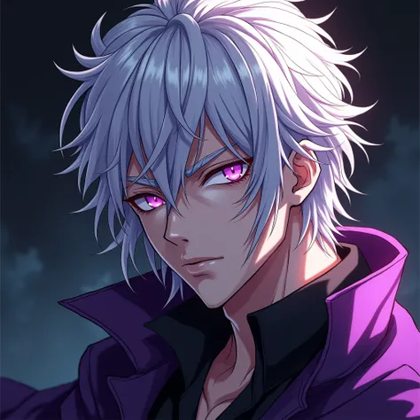 Male, anime, long hair, messy hair, white hair, hot, purple eyes, villain, side veiw
