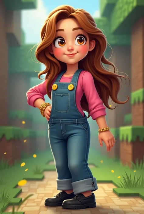 I wanted a Minecraft one with brown hair, brown eyes, pink blouse, denim overalls, black shoes, small shoes, a gold bracelet, loose hair, white and some yellow buttons, make it look like a smiling cartoon