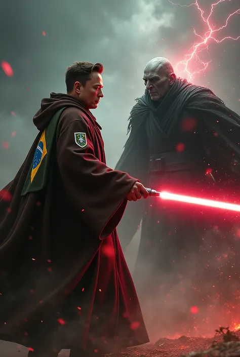 Image of Elon Musk wearing a Star Wars Obi outfit with a Brazilian patch destroying Voldemort in a battle