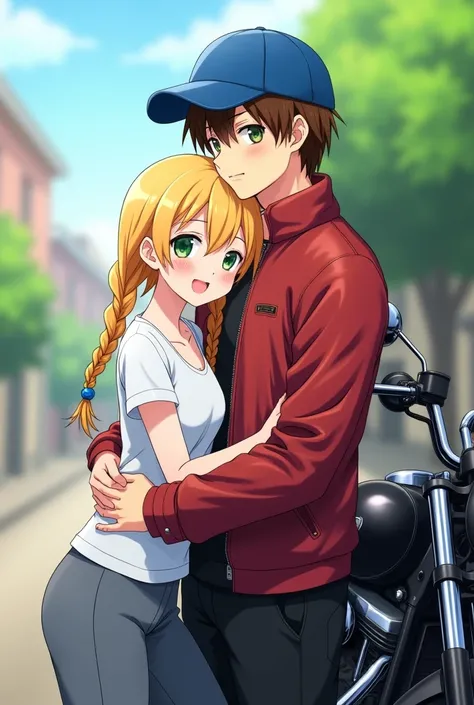 Anime blond girl, side braded hair, green eyes, white t-shirt, gray pants, happy face, blushed, huging a tall brown haired guy, blue cap, red leather, black pants, standing beside a black motorcycle