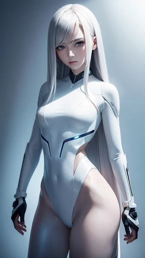 1 girl, android Kara, fully body, almost human appearance, smooth, pale metallic skin, futuristic fitted suit with illuminated LED panels and sophisticated technological details. Long flowing hair in a modern and elegant style. Contemplative pose touching ...