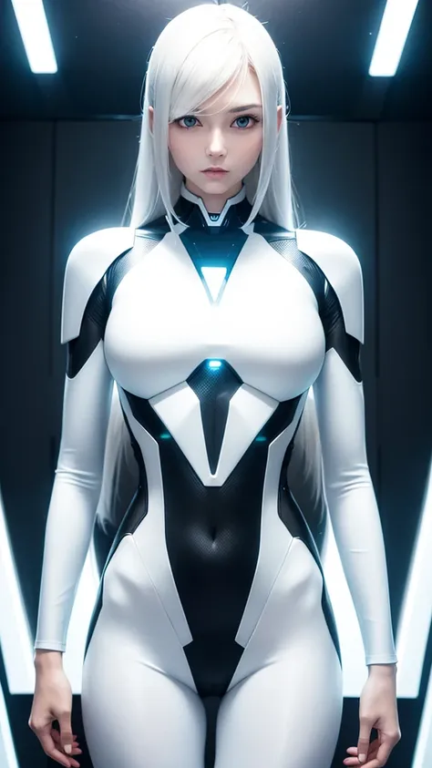 1 girl, android Kara, fully body, almost human appearance, smooth, pale metallic skin, futuristic fitted suit with illuminated LED panels and sophisticated technological details. Long flowing hair in a modern and elegant style. Contemplative pose touching ...