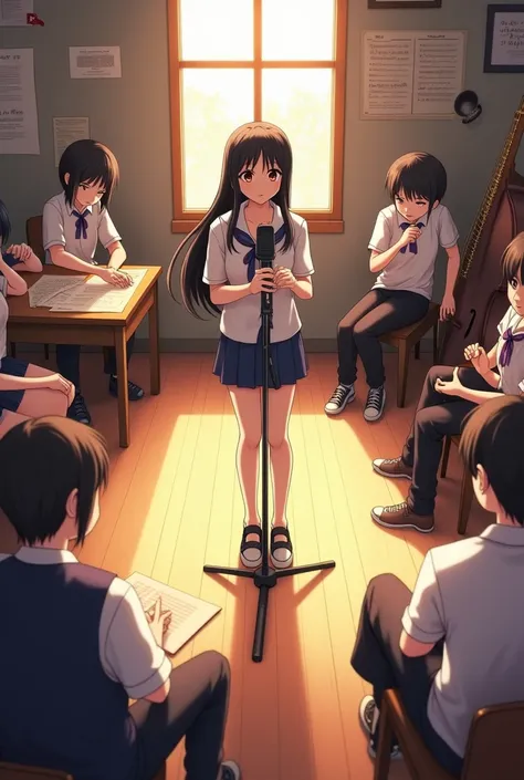 High angle view of music club classroom, showing Miyu standing in front of the microphone in the center of the room. The other members of the club are in their positions, tuning instruments or chatting in small groups. Soft lighting creates a warm atmosphe...