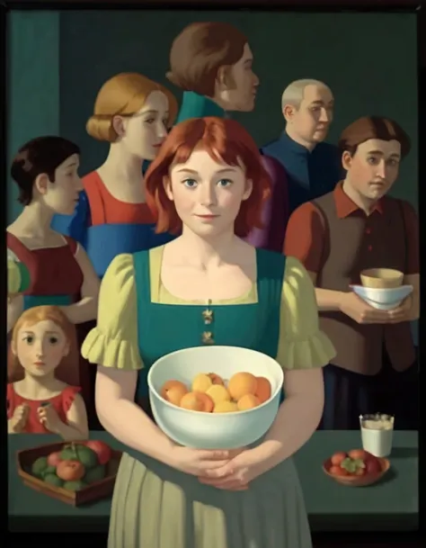 a painting of a woman holding a bowl of fruit in front of a group of people, inspired by george tooker, inspired by grant wood, ...