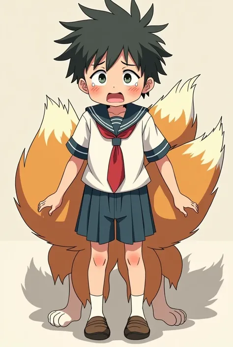 A boys lower_body is becomed to a fox(Japanese anime style)(four legs)(three tails)(scared and crying)(student costume)(fox_taur)