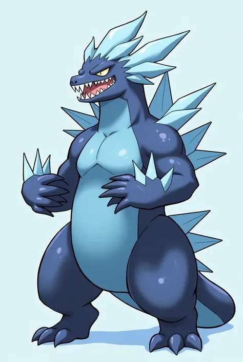 
"Design the final evolution of a Water-type Pokémon/Ice inspired by an iguana. This stage should feature a big and powerful Pokémon., with sharp ice scales protruding along its back and tail. Your body should be muscular and robust., with a design that co...