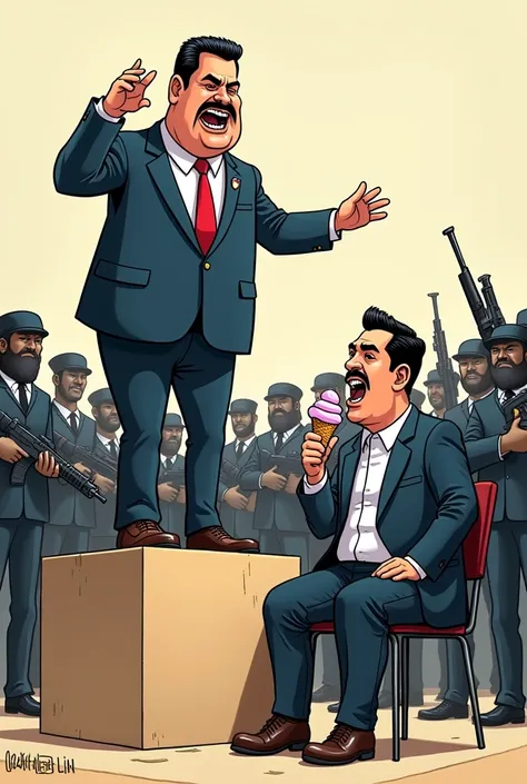 Cartoon of Nicolás Maduro mounted on a platform with all his armed henchmen behind him, yelling at Edmundo González Urrutia who is sitting there eating a cone