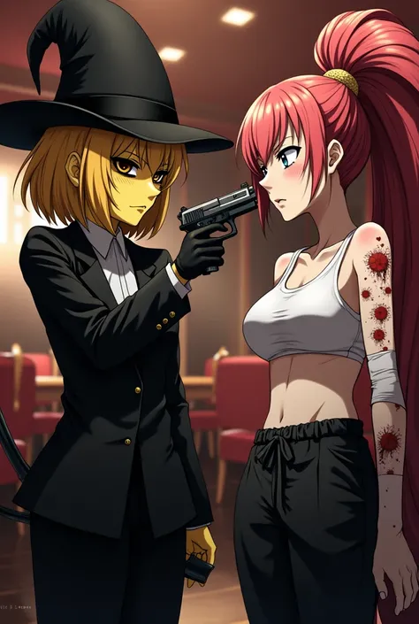 Yellow skinned girl, with one eye in the shape of a triangle and completely black and his other eye yellow and psychopathic, with black magician hat, a sexy black suit, black hair bob, black gloves in a casino, that brings a bow, and brings a gun. and anim...