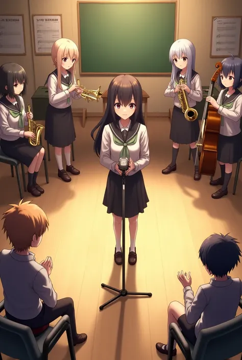 High angle view of music club classroom, showing Miyu standing in front of the microphone in the center of the room. The other members of the club are in their positions, tuning instruments or chatting in small groups. Soft lighting creates a warm atmosphe...