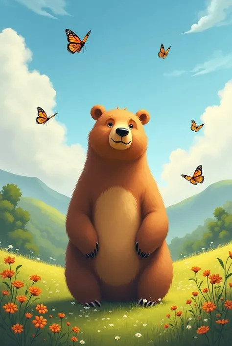 Generate an illustration of the movie bear land with monarch butterflies around it 