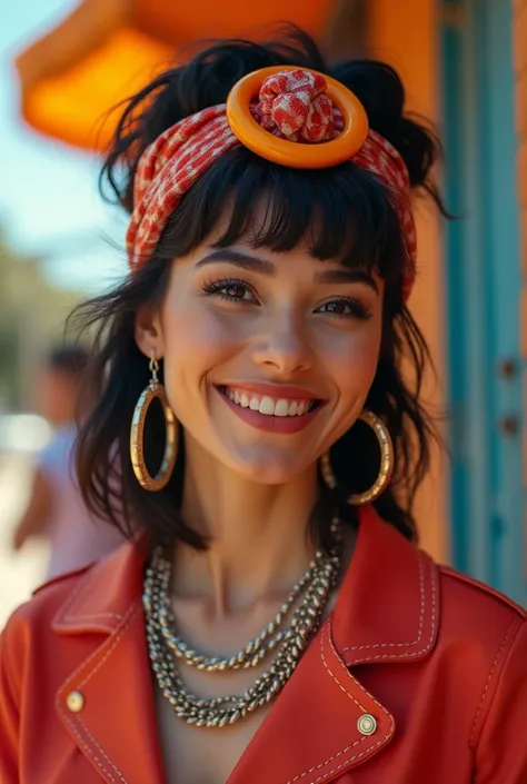 Woman with 80s style fabric headband with a plastic hoop accessory in the middle, with earrings and hoop necklace.