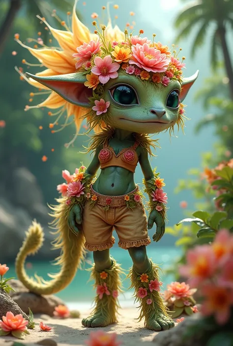 a short,  female monster with a beachy style and her long hair is made of flowers and her clothes are also made of flowers.
It has no human features, NOTHING TO DO WITH HUMANS, HAIR ALL MADE OF FLOWERS