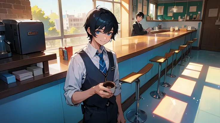 A very cool high school boy in a school uniform、smile、Black Hair、Short Hair、Blue sparkling eyes、Inside the cafe、Coffee on the table、Picture from the front、One person、solo、Retro anime style