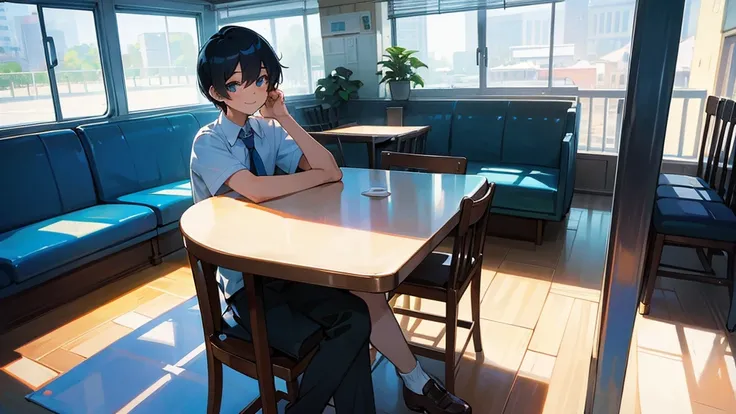 A very cool high school boy in a school uniform、smile、Black Hair、Short Hair、Blue sparkling eyes、Inside the cafe、Coffee on the table、Picture from the front、One person、solo、Retro anime style