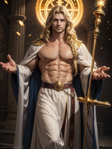 Best Quality, CG Unit, masterpiece, Hyperrealistic image of an extremely handsome and tall 30 year old man., dressed as a holy fantasy cleric in transparent white robes, exposed chest, holding a majestic sacred staff, open arms, ((Golden magic particles)),...