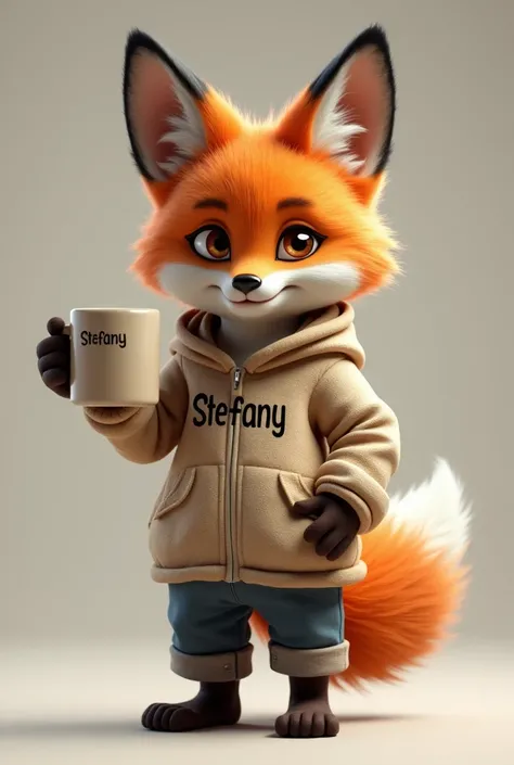 Realistic fox wearing clothes with Stefany written on it with a mug in his hand 