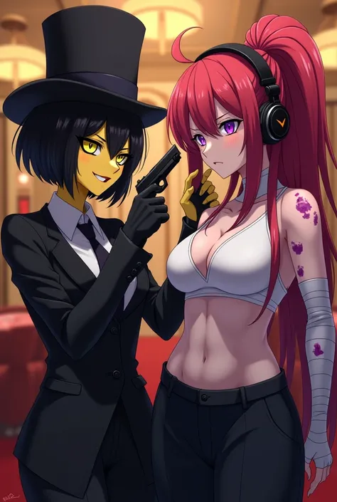 Yellow skinned girl, with one eye in the shape of a triangle and completely black and his other eye yellow and psychopathic, with black top hat, a sexy black suit, black hair bob, black gloves in a casino, that brings a bow, and brings a gun. and anime. Wi...