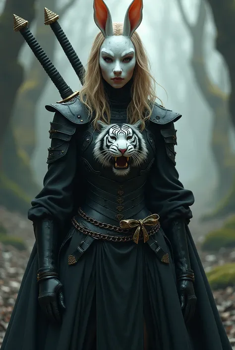 Golden-haired girl with a white rabbit mask wearing black armor with a cape and hood on the cape has a drawing of a white tiger, the woman carries two long swords on her back