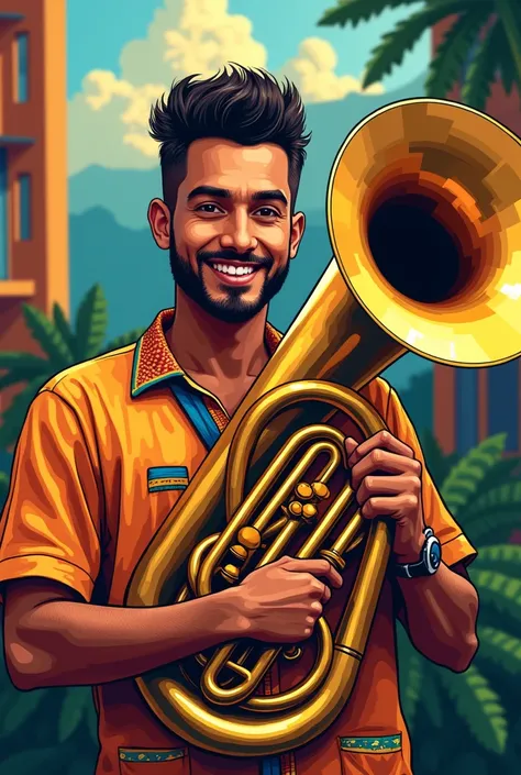 a brown Brazilian man playing an instrument called a tuba I want this image in vector 