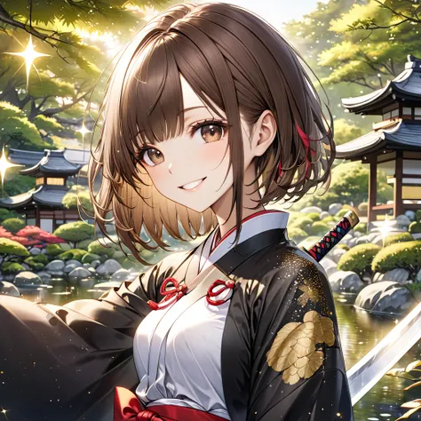  High resolution, masterpiece, 最high quality, Very detailed, high quality, Textured skin, Bob Hair, Brown Hair, Natural smile,Sparkle Effect, far and near method, chest, sword,girl,Japanese garden,Portraits, Hakama,