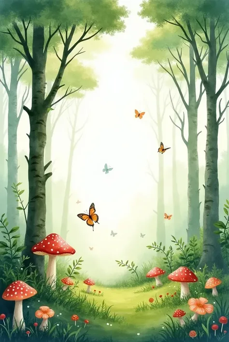 watercolor background forest with trees, butterflies and mushrooms 