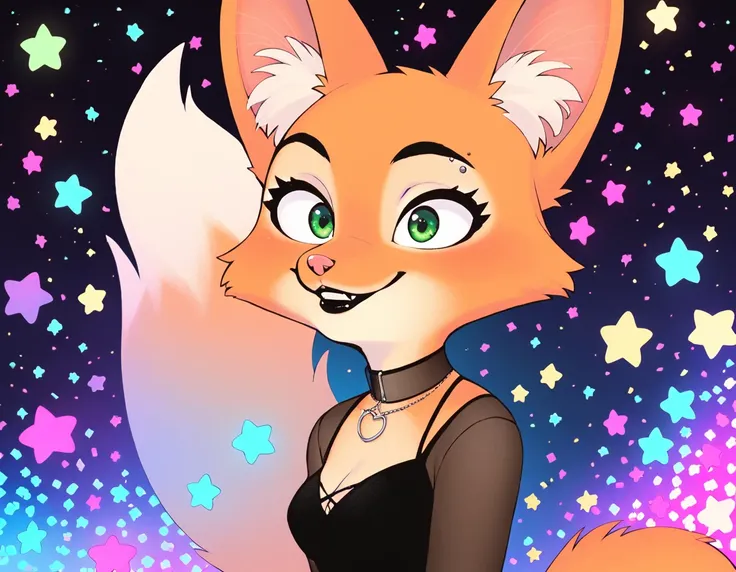 Diane foxington, ginger fur, emerald eyes, black lipstick, black eyebrows, silver piercings on eyebrow, fox tail, black dress, alone, in a ballad, colorful lights, neons, colorful, by diives