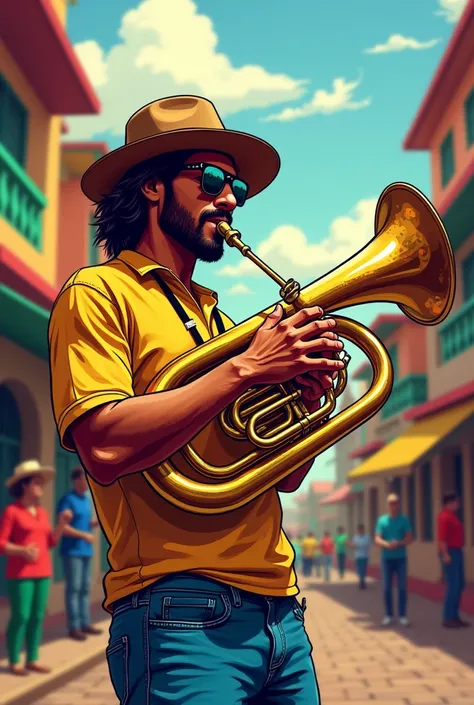 a brazilian man playing an instrument called tuba i want this image in vector 