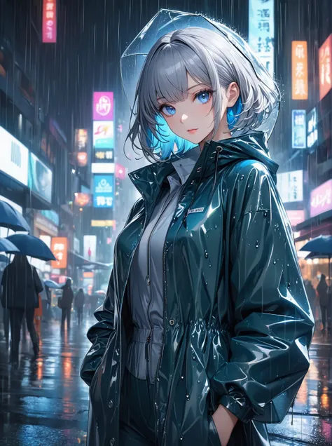 Ultra high resolution, rich colors, perfect image, top quality, detailed image, beautiful single woman, glowing skin, skin and clothing texture, delicate eyes, rainy city, raincoat, casual pantsuit, silver bob hair, blue eyes
