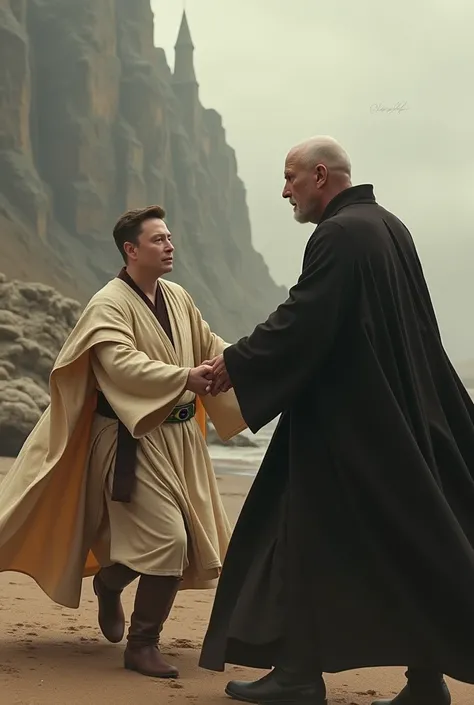 Image of Elon Musk wearing a Star Wars obi outfit with a Brazilian patch pushing Voldemort from Harry Potter into battle 