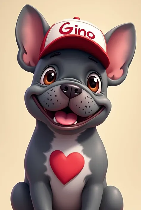 Bulldog francese grigio sorridente innamorato con gli occhi a forma di cuore con un cappello da baseball con scritto "GINO"