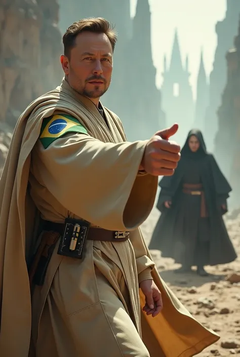 Image of Elon Musk wearing a Star Wars obi outfit with a Brazilian patch pushing Voldemort from Harry Potter into battle 