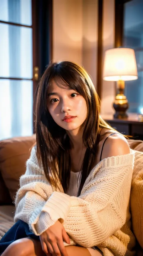 a beautiful young japanese girl relaxing in a living room at night, wearing a non-transparent nightgown, detailed face, (best quality,4k,8k,highres,masterpiece:1.2),ultra-detailed,(realistic,photorealistic,photo-realistic:1.37),HDR,UHD,studio lighting,ultr...