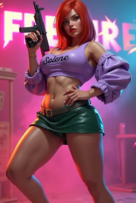 Freefire game style female character,  very sexy, com rosto redondo, big breasts and thick thighs, of skin jambo, short medium copper red hair, eyes browns, wearing red lipstick, wearing a short, low-cut lilac blouse with the name SOLENE and a short green ...