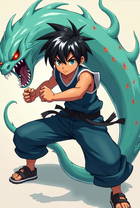 Make me a boy of male gender, he has black hair and white streaks, he is not that big, make him in a fighting pose and on the side a slime animal, the image is anime, the slime animal is scary 