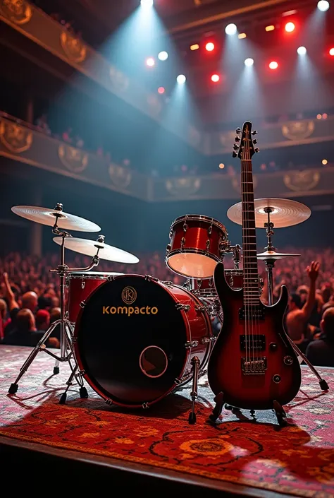 Image of a stage in a metal concert hall, sold out, with many people, There is a luxury drum set on stage, a bass of.luxury and a luxury electric guitar, and on the drum bass drum the logo says  "Compact" just like that.logo says exactly KOMPACTO