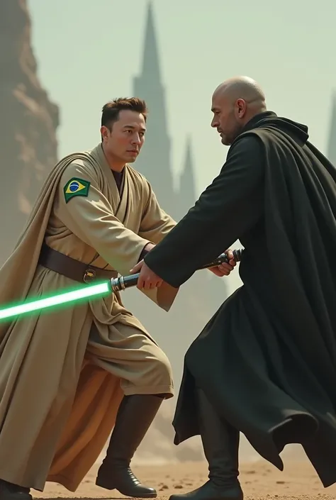 Image of Elon Musk wearing a Star Wars obi outfit with a Brazilian patch pushing Voldemort from Harry Potter into battle 