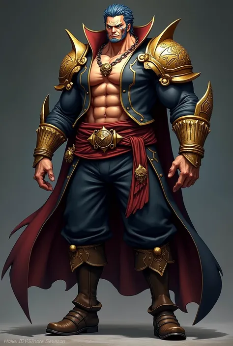 pirate costume based on the anime One Piece for a shooter. Do this whole body. I want something more intimidating. I want something that commands respect, less cuteness and more fear. Keep the pattern of petras and gold clothes.