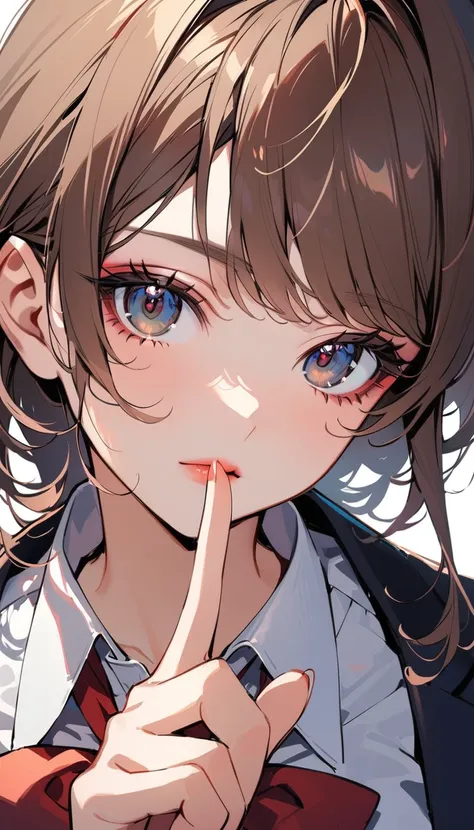 1woman, solo, brown hair, black eyes, detailed eyes, eyelashes, light lips, 25years old, school uniform, put index finger on mouth, looking at viewer