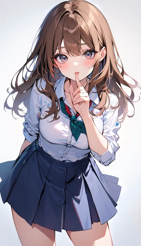 1woman, solo, brown hair, black eyes, detailed eyes, eyelashes, light lips, 25years old, school uniform, put index finger on mouth, looking at viewer