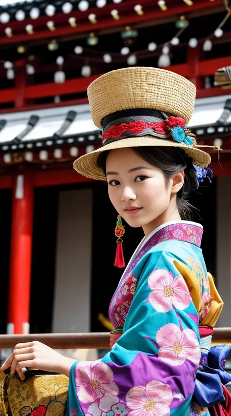 A close-up of a person riding atop a Gion Matsuri float in Kyoto, Japan. The individual is dressed in traditional Japanese festival attire, featuring a vibrant kimono adorned with intricate patterns and a ceremonial hat. Their face is expressive and focuse...