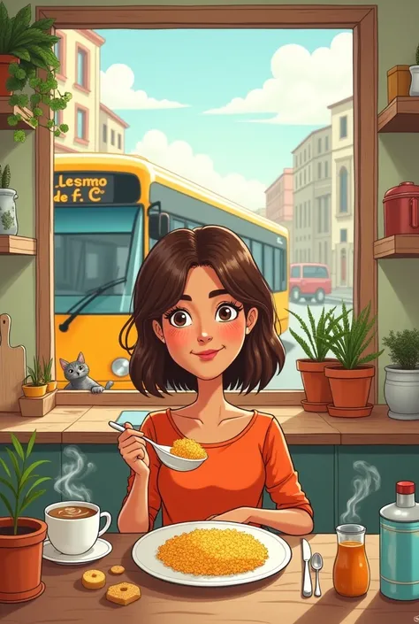 Cartoon-style brown-haired woman eating couscous and having breakfast in her kitchen through the window we see a bus passing by with the sign LESMÃO de F.c.