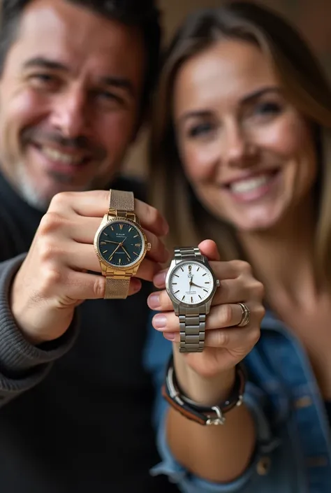 My girlfriend and I showed off our watches. Only our wrists were visible.
