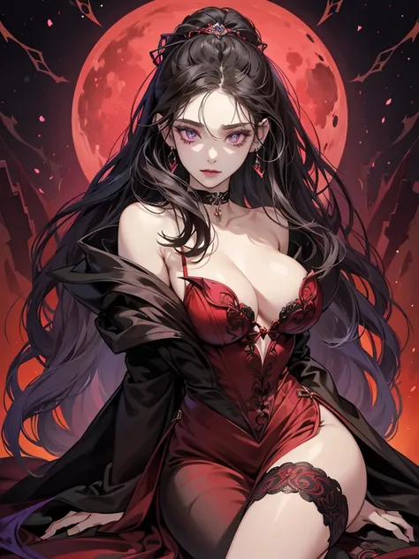 Create an image of Zeraphine, a "vampire" from the Damonia clan and mother of Jendral, living in the forbidden Serpent forest. Despite her devilish reputation, she should be depicted as kind-hearted with an enigmatic charm. Zeraphine has a striking and oth...