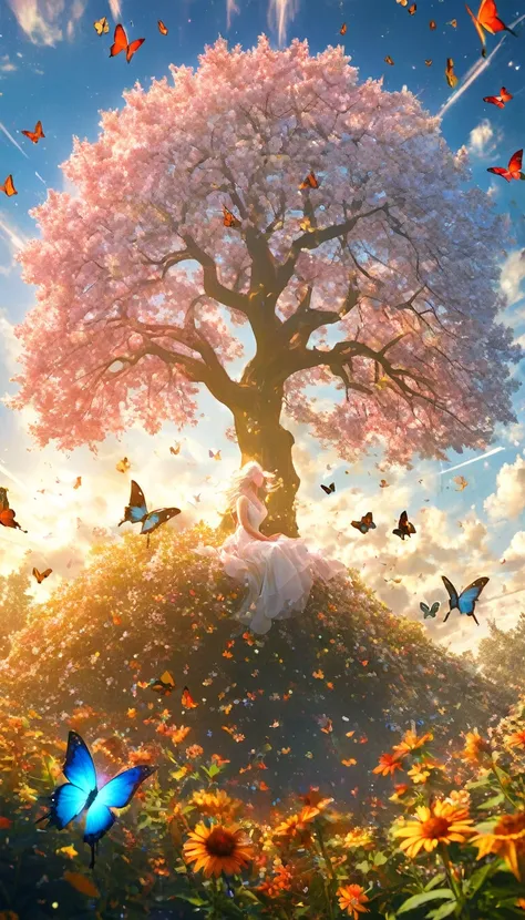 masterpiece, 1 centaur, looking up at the sky), (Many butterflies flying in the sky), Beautiful sky, summer，Colorful flowers are blooming everywhere, Mysterious and dreamy ,Giant Tree，quality(8K,CG wallpaper, masterpiece,High resolution,top-quality,Surreal...