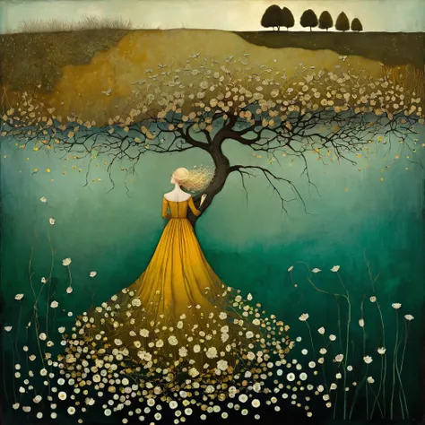 oil and acrylic painting catrin welz-stein, Gabriel Pacheco. Three-quarter view of a lake with mustard-colored, emerald waters, in the center of the lake, in the distance, on top of a knoll, Yggdrasill tree, large roots sinking into the ground, branches ri...