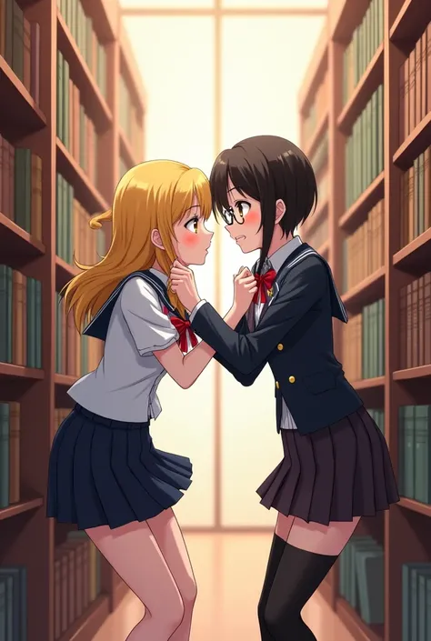 Blonde gyaru high school girl performs kabedon on shy bespectacled high school girl with black braided hair. Background in the school library, they are both in uniform.