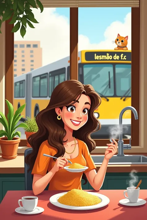 Cartoon-style brown-haired woman eating couscous and having breakfast in her kitchen through the window we see a bus passing by with the sign LESMÃO de F.c.